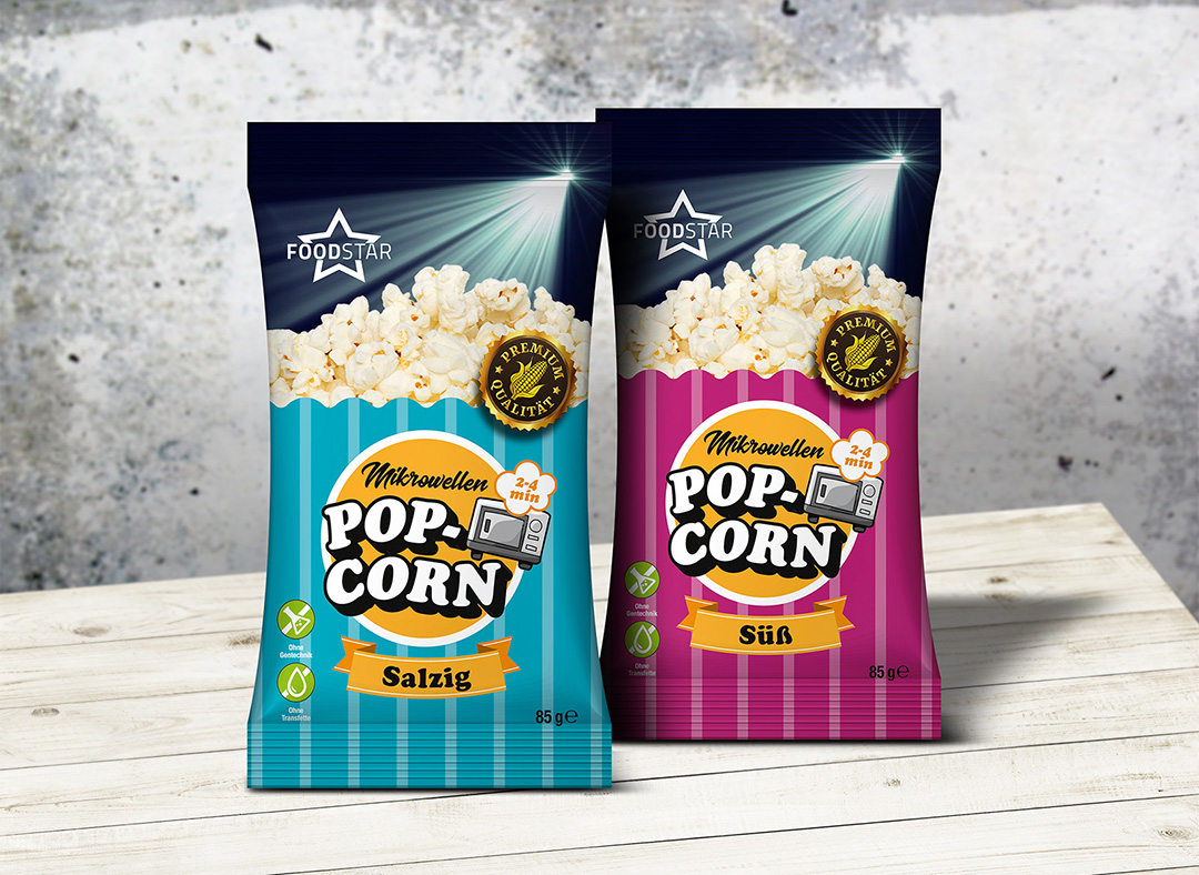 Packungsentwurf und Mockup für Mikrowellen Popcorn